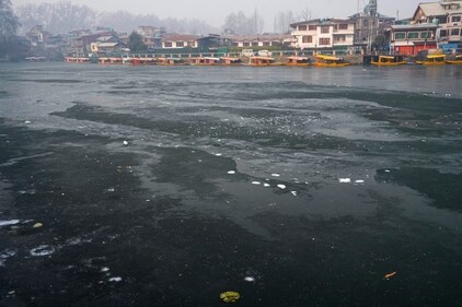 Partially frozen Dal Lake, in Srinagar, Wednesday, Dec. 25, 2024. Srinagar recorded a minimum temperature of minus 7.3 degrees Celsius, as Kashmir witnesses the 40-day period of harsh winter 'Chillai Kalan'. (PTI) Partially frozen Dal Lake, in Srinagar, Wednesday, Dec. 25, 2024. Srinagar recorded a minimum temperature of minus 7.3 degrees Celsius, as Kashmir witnesses the 40-day period of harsh winter 'Chillai Kalan'. (PTI)