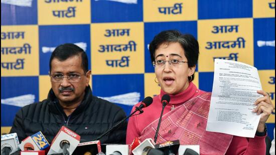 Arvind Kejriwal and Atishi address a press conference in Delhi on Wednesday. (ANI)