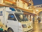 Mumbai, India - Dec. 25, 2024: Ambulance standing out side the Bandra station in Mumbai, India, on Wednesday, December 25, 2024. (Photo by Satish Bate/ Hindustan Times) (Hindustan Times)