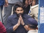 Actor Allu Arjun arrives at the Chikkadpally police station for questioning as part of an ongoing probe into the stampede during the screening of ‘Pushpa-2’ in Hyderabad, on Tuesday. (PTI)