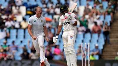 South Africa's Corbin Bosch, left, celebrates after bowling out Pakistan's Aamer Jamal. (AP) South Africa's Corbin Bosch, left, celebrates after bowling out Pakistan's Aamer Jamal. (AP)