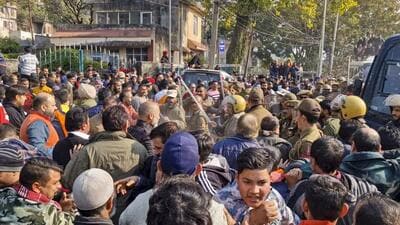 Agitators clash with police personnel during the protest on Wednesday at Katra in Reasi district of J&K. (PTI) Agitators clash with police personnel during the protest on Wednesday at Katra in Reasi district of J&K. (PTI)