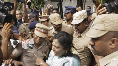 BJP leader Tamilisai Soundararajan and others being stopped by police personnel from staging a protest against the alleged sexual assault of a girl student of Anna University, in Chennai, on Thursday. (PTI) BJP leader Tamilisai Soundararajan and others being stopped by police personnel from staging a protest against the alleged sexual assault of a girl student of Anna University, in Chennai, on Thursday. (PTI)