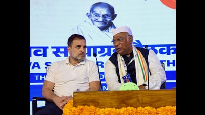 Congress MP & LoP Lok Sabha Rahul Gandhi and party president Mallikarjun Kharge attend the Congress Working Committee (CWC) meeting in Belagavi on Thursday. (ANI PHOTO) Congress MP & LoP Lok Sabha Rahul Gandhi and party president Mallikarjun Kharge attend the Congress Working Committee (CWC) meeting in Belagavi on Thursday. (ANI PHOTO)