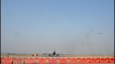 Greater Noida, India- December 09, 2024: The Noida International Airport (NIA) conducted a first flight validation test at the newly built airport in Noida (Jewar), Uttar Pradesh on Monday. (Photo by Sunil Ghosh / Hindustan Times) Greater Noida, India- December 09, 2024: The Noida International Airport (NIA) conducted a first flight validation test at the newly built airport in Noida (Jewar), Uttar Pradesh on Monday. (Photo by Sunil Ghosh / Hindustan Times)