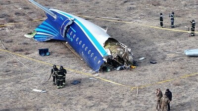 A drone view of the crash site of the Azerbaijan Airlines passenger plane near the city of Aktau. (Reuters)