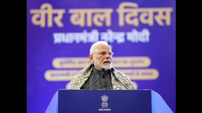 Prime Minister Narendra Modi addresses a programme organised to celebrate Veer Baal Diwas at Bharat Mandapam in New Delhi on Thursday. (ANI) Prime Minister Narendra Modi addresses a programme organised to celebrate Veer Baal Diwas at Bharat Mandapam in New Delhi on Thursday. (ANI)