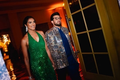 PV Sindhu and Venkata Datta Sai at their sangeet ceremony. (HT Photo)