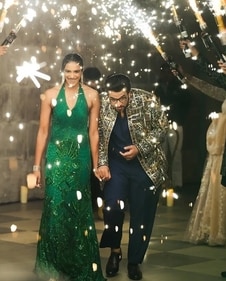 PV Sindhu and Venkata Datta Sai at their sangeet ceremony. (HT Photo) PV Sindhu and Venkata Datta Sai at their sangeet ceremony. (HT Photo)
