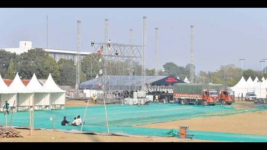 Arrangements being made for the upcoming concert of Diljit Dosanjh at PAU in Ludhiana on Thursday. (Manish/HT)