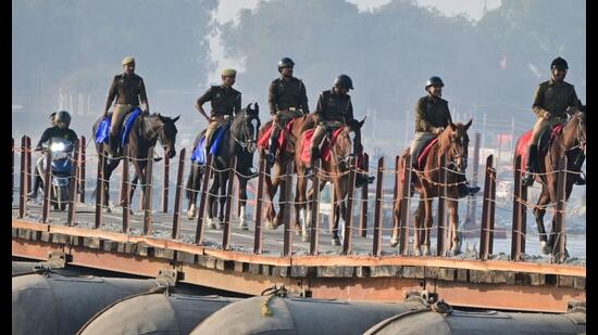 Mounted policemen patrolling Mahakumbh mela area in Prayagraj. (HT photo)