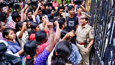 Protestors outside Anna University over a student’s alleged assault in Chennai on Wednesday. (Lakshmi)