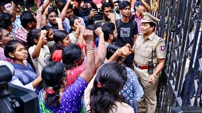 Protestors outside Anna University over a student’s alleged assault in Chennai on Wednesday. Protestors outside Anna University over a student’s alleged assault in Chennai on Wednesday.