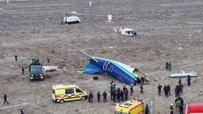 A drone view shows the crash site of an Azerbaijan Airlines passenger plane near the city of Aktau, Kazakhstan December 25, 2024. (REUTERS)
