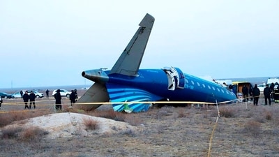 Azerbaijan Airlines' Embraer 190 lies on the ground near the airport of Aktau, Kazakhstan. (AP) Azerbaijan Airlines' Embraer 190 lies on the ground near the airport of Aktau, Kazakhstan. (AP)