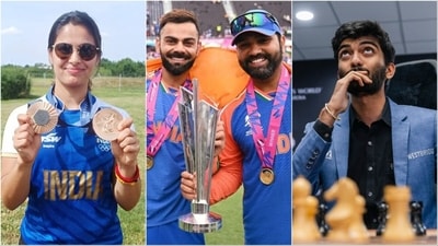 From L to R: Manu Bhaker poses with her Olympic medals; Rahul Dravid lifts the T20 World Cup trophy; D Gukesh reacts after his World Chess Championship triumph (PTI/AP) From L to R: Manu Bhaker poses with her Olympic medals; Rahul Dravid lifts the T20 World Cup trophy; D Gukesh reacts after his World Chess Championship triumph (PTI/AP)