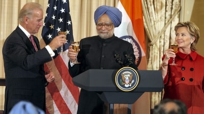 Manmohan Singh with Hillary Clinton and Joe Biden at a toast for 'Indo-American' friendship at a luncheon in Washington. (PTI File Photo) Manmohan Singh with Hillary Clinton and Joe Biden at a toast for 'Indo-American' friendship at a luncheon in Washington. (PTI File Photo)
