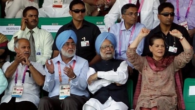 Prime Minister Manmohan Singh and Congress President Sonia Gandhi along with other dignitaries watching the men's hockey final match between India and Australia during the Commonwealth Games 2010, at Major Dhyan Chand National Stadium in New Delhi. on October 14, 2010. (PTI) Prime Minister Manmohan Singh and Congress President Sonia Gandhi along with other dignitaries watching the men's hockey final match between India and Australia during the Commonwealth Games 2010, at Major Dhyan Chand National Stadium in New Delhi. on October 14, 2010. (PTI)