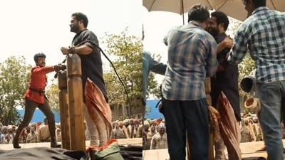 Ram Charan whips Jr NTR in a scene from RRR. Ram Charan whips Jr NTR in a scene from RRR.