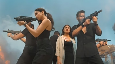 Deepika Padukone, Kareena Kapoor Khan and Ajay Devgn in a still from Singham Again Deepika Padukone, Kareena Kapoor Khan and Ajay Devgn in a still from Singham Again
