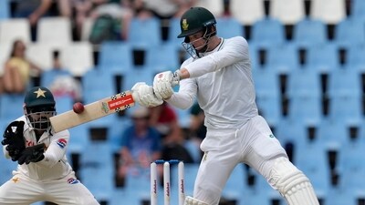 South Africa's Corbin Bosch, right, plays a shot on day two of the Test cricket match between South Africa and Pakistan. (AP Photo/Themba Hadebe) (AP) South Africa's Corbin Bosch, right, plays a shot on day two of the Test cricket match between South Africa and Pakistan. (AP Photo/Themba Hadebe) (AP)