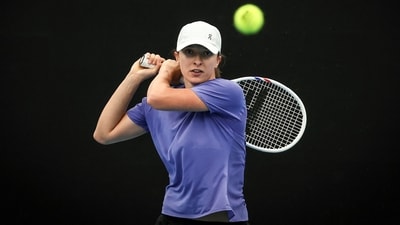 Poland's Iga Swiatek hits a shot during a practice session. (AFP) Poland's Iga Swiatek hits a shot during a practice session. (AFP)