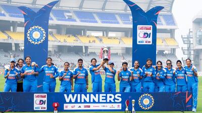 Team India with the trophy after completing a 3-0 win over West Indies women in the ODI series in Vadodara. (BCCI) Team India with the trophy after completing a 3-0 win over West Indies women in the ODI series in Vadodara. (BCCI)