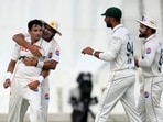 Pakistan's Mohammad Abbas, left, celebrates with teammates after successfully appealing for LBW against South Africa's Tristan Stubbs. (AP/PTI Photo)(AP12_28_2024_000417B)