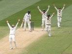 Australia's Nathan Lyon (3rd L) appeals for LBW against India's Ravindra Jadeja on the third day of the fourth Test.