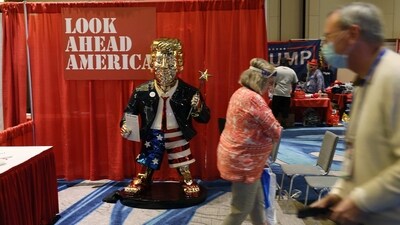 A gold statue of Donald Trump on display at the Conservative Political Action Conference held in the Hyatt Regency on February 26, 2021 in Orlando, Florida. (AFP) A gold statue of Donald Trump on display at the Conservative Political Action Conference held in the Hyatt Regency on February 26, 2021 in Orlando, Florida. (AFP)