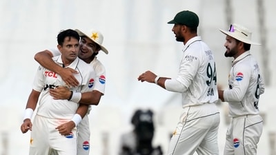 Pakistan's Mohammad Abbas, left, celebrates with teammates after successfully appealing for LBW against South Africa's Tristan Stubbs. (AP/PTI Photo)(AP12_28_2024_000417B) (AP) Pakistan's Mohammad Abbas, left, celebrates with teammates after successfully appealing for LBW against South Africa's Tristan Stubbs. (AP/PTI Photo)(AP12_28_2024_000417B) (AP)