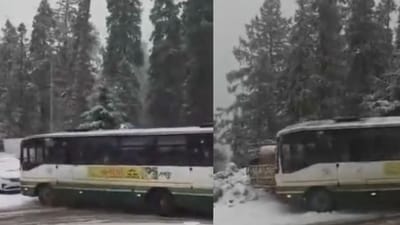 The HRTC bus lost control on icy roads, hitting a parked vehicle. (X/@rishibagree) The HRTC bus lost control on icy roads, hitting a parked vehicle. (X/@rishibagree)