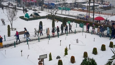 At Nishant Garden, near the Dal lake, tourists were queued up to see the snow-covered sight (PTI) At Nishant Garden, near the Dal lake, tourists were queued up to see the snow-covered sight (PTI)