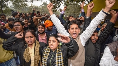 Aspirants protest against the alleged paper leak and irregularities in the BPSC 70th CCE (Pre) exam, in Patna. (PTI) Aspirants protest against the alleged paper leak and irregularities in the BPSC 70th CCE (Pre) exam, in Patna. (PTI)