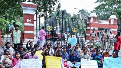 SFI and AIDWA members protested outside Anna University over a student’s alleged assault in Chennai on Wednesday. (ANI PHOTO) SFI and AIDWA members protested outside Anna University over a student’s alleged assault in Chennai on Wednesday. (ANI PHOTO)