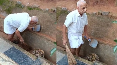 83-year-old Surya Narayan seen cleaning the gutter himself. (X/@mi2madhu) 83-year-old Surya Narayan seen cleaning the gutter himself. (X/@mi2madhu)