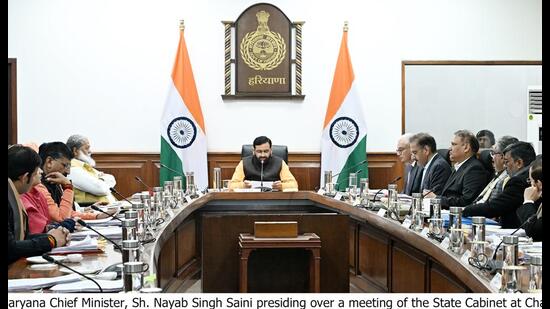 Haryana chief minister Nayab Saini presiding over a meeting of the state cabinet in Chandigarh on Saturday. (HT Photo)