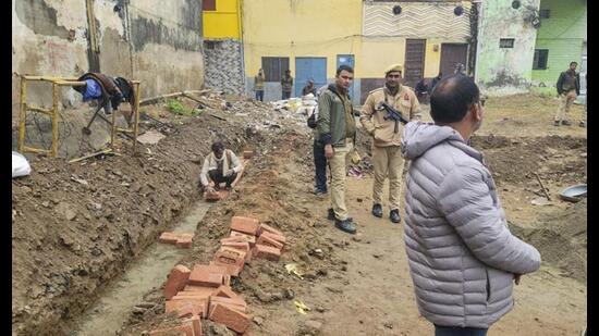 Police personnel during the ground breaking ceremony of the police post near Shahi Jama Masjid in Sambhal on Dec 28. (Agency)