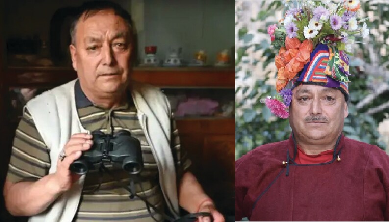 Late Tashi Namgyal with the famous binoculars with which he spotted the Pakistan Army on Banju Top; and (on right) wearing the floral headdress. Late Tashi Namgyal with the famous binoculars with which he spotted the Pakistan Army on Banju Top; and (on right) wearing the floral headdress.
