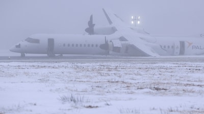 An Air Canada Express flight operated by Pal Airlines skidded off the runway Saturday night after catching fire at Halifax Stanfield International Airport is seen on Sunday, Dec. 29, 2024, in Halifax, Nova Scotia. (Darren Calabrese/The Canadian Press via AP) An Air Canada Express flight operated by Pal Airlines skidded off the runway Saturday night after catching fire at Halifax Stanfield International Airport is seen on Sunday, Dec. 29, 2024, in Halifax, Nova Scotia. (Darren Calabrese/The Canadian Press via AP)