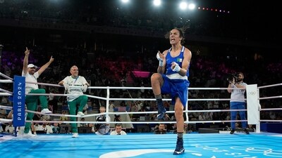 Algeria's Imane Khelif celebrates after defeating Thailand's Janjaem Suwannapheng in women's 66 kg semifinal boxing match (AP) Algeria's Imane Khelif celebrates after defeating Thailand's Janjaem Suwannapheng in women's 66 kg semifinal boxing match (AP)