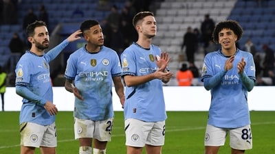 Manchester City players greet fans at the end of the English Premier League soccer match between Leicester City and Manchester City. (AP Photo/Rui Vieira) (AP) Manchester City players greet fans at the end of the English Premier League soccer match between Leicester City and Manchester City. (AP Photo/Rui Vieira) (AP)
