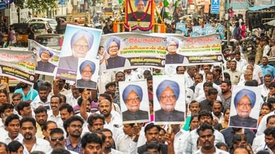Supporters during Congress silent rally in tribute to former prime minister Manmohan Singh, who died in New Delhi on Thursday night. (PTI file) Supporters during Congress silent rally in tribute to former prime minister Manmohan Singh, who died in New Delhi on Thursday night. (PTI file)