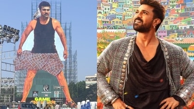 The 256 ft cutout of Ram Charan put up by fans in Andhra Pradesh. The 256 ft cutout of Ram Charan put up by fans in Andhra Pradesh.