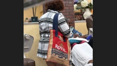A woman in the US carrying a Basmati rice tote bag in a salon went viral. (Instagram/amandajohnmangalathil10) A woman in the US carrying a Basmati rice tote bag in a salon went viral. (Instagram/amandajohnmangalathil10)