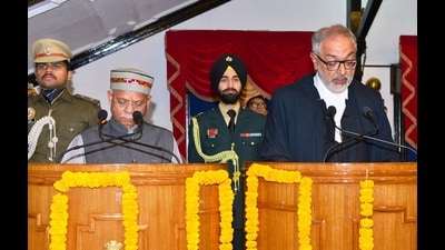 The oath of office was administered by governor Shiv Pratap Shukla. (HT Photo)