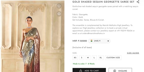 Mahira's stunning saree comes with a price tag of ₹3,25,000. (manishmalhotra.in) Mahira's stunning saree comes with a price tag of ₹3,25,000. (manishmalhotra.in)