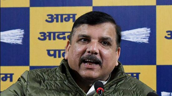 AAP MP Sanjay Singh address a press conference. (ANI)