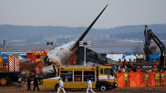 The wreckage of Jeju Air Co. Flight 2216 at Muan International Airport in Muan County, South Korea, on Sunday. (Bloomberg)