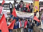 AISA activists block a train during Chakka Jam regarding the demands of BPSC candidates in Arrah.